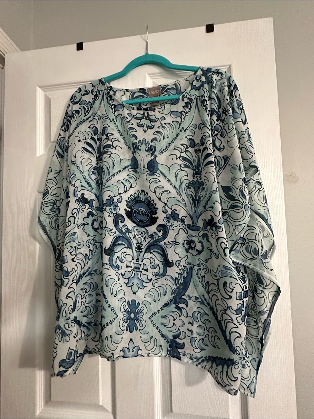 Chico's Light Blue and Navy Paisley-Print V-Neck Tunic